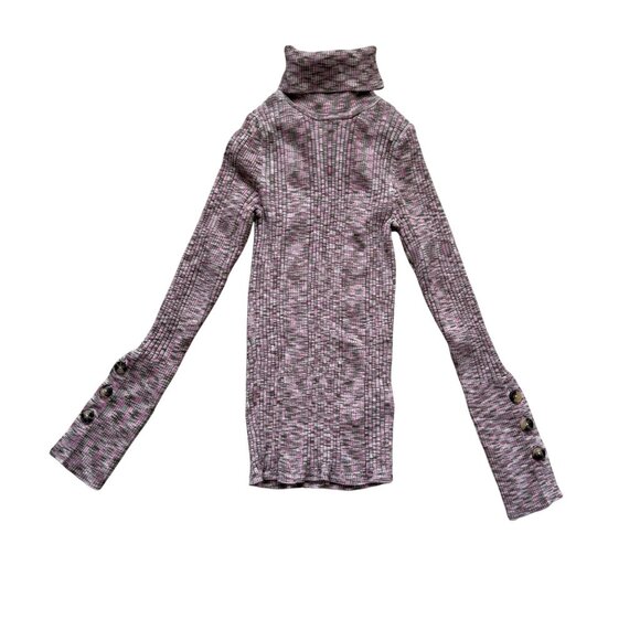 Anthropologie Pink & Gray Patterned Ribbed Turtleneck Small Sweater Button Cuffs - Picture 1 of 11